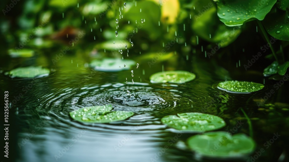 Raindrops falling on a calm pond, creating small ripples and reflecting the surrounding greenery.