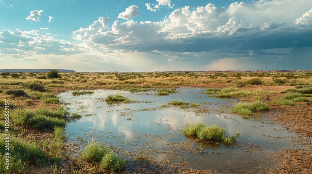 A wide shot of a desert plain covered in small puddles and fresh green shoots of plants emerging after the rain A wide shot of a desert plain covered in small puddles and fresh green shoots of plants emerging after the rain