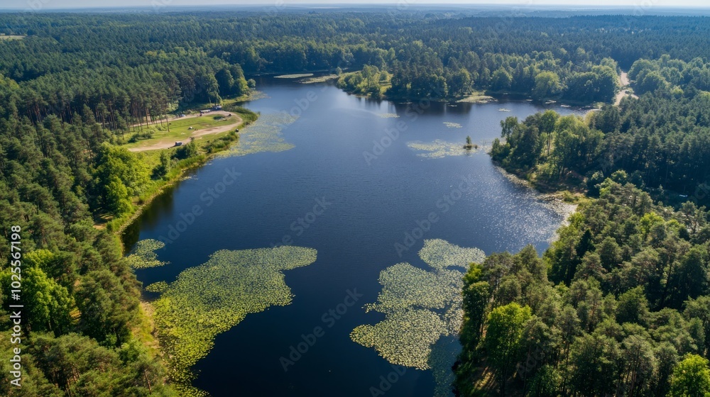 Aerial view of a lake surrounded by lush green trees. Aerial view of a lake surrounded by lush green trees.