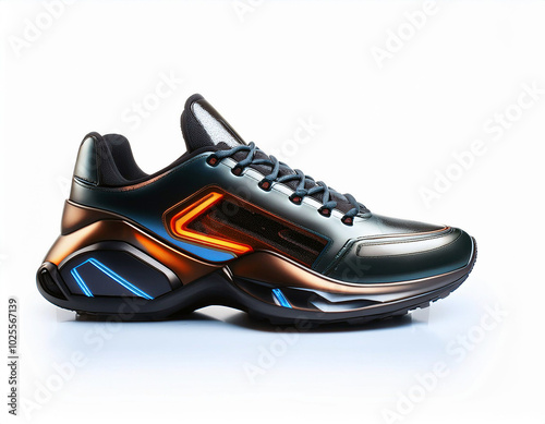 Sleek, futuristic sneaker design; dark, metallic tones with vibrant orange and blue accents. A blend of style and technology.