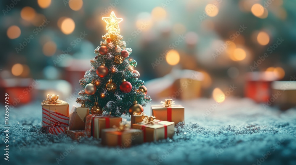 A 3D high-definition close-up of a cute miniature Christmas tree adorned with gold and silver ornaments, candy canes, and a glowing star on top, surrounded by gift boxes with ample copy space A 3D high-definition close-up of a cute miniature Christmas tree adorned with gold and silver ornaments, candy canes, and a glowing star on top, surrounded by gift boxes with ample copy space