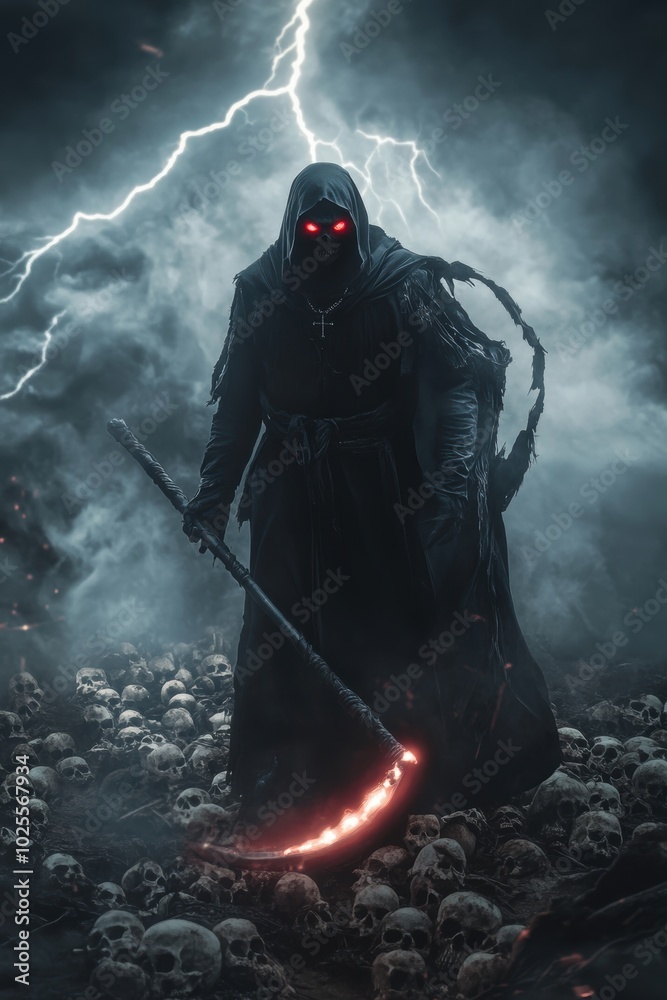 Obraz premium Grim reaper with scythe. Halloween theme poster.
