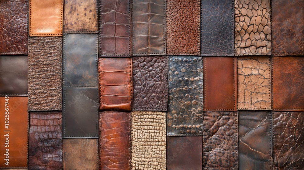 A patchwork of different leather types, ranging from smooth to textured, in various shades of brown.