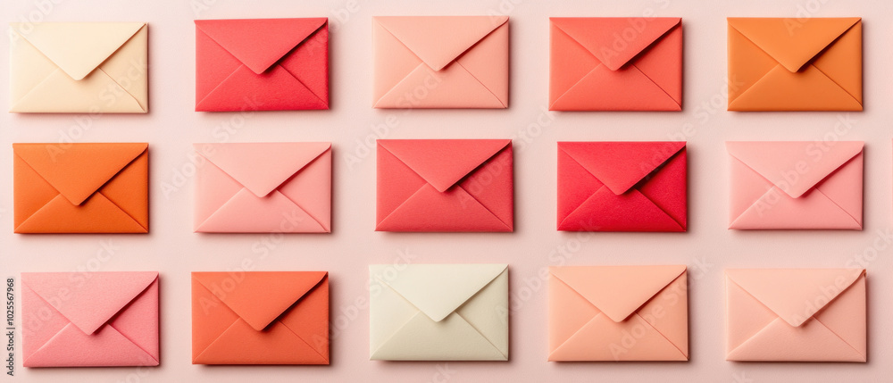 Colorful envelopes arranged in a grid on a soft background. Colorful envelopes arranged in a grid on a soft background.