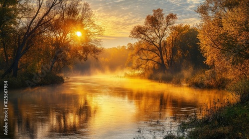 Wallpaper Mural The sun rising over a peaceful river, with golden light shimmering on the water and trees lining the banks. Torontodigital.ca