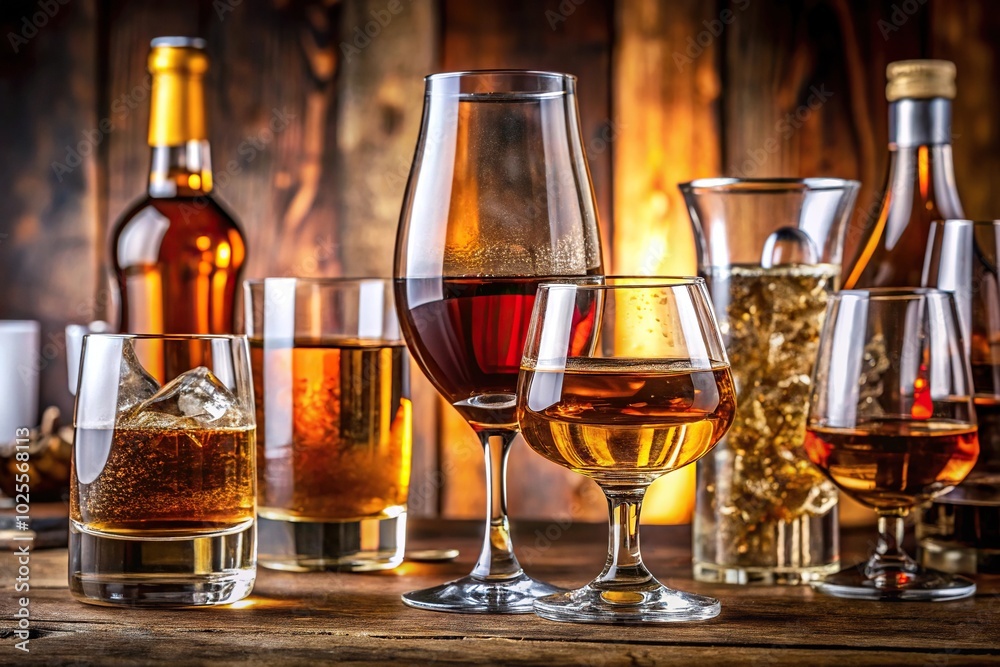 Distinctive beverages for a memorable night - wine, whiskey, beer, brandy