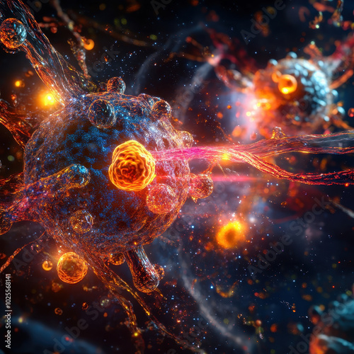 Nanobots delivering therapeutic agents to cancer cells, showcasing advanced technology in medical treatment. This vibrant image illustrates intricate interactions at cellular level