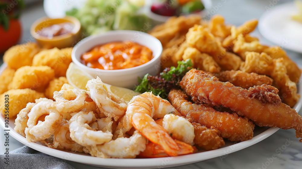 Fisherman’s platter with a variety of fried fish, calamari, and prawns, served with a tangy dipping sauce Fisherman’s platter with a variety of fried fish, calamari, and prawns, served with a tangy dipping sauce