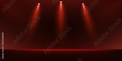 Empty stage glowing red color light on dark red background. Space for selling products on the website. Empty room with spotlight effect. Vector illustration