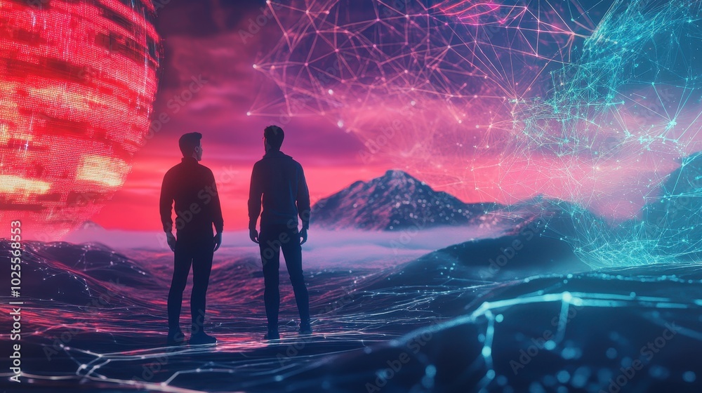 Fototapeta premium Two silhouetted figures stand before a vibrant, digital landscape, featuring dynamic waves, a vivid sky, and intricate geometric patterns.