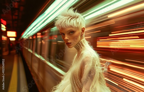 A young woman with short blonde hair stands on a subway platform as a train speeds by, creating a blur of light.