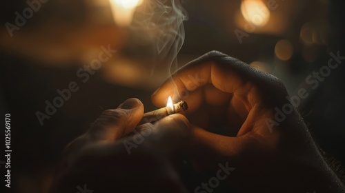 Close-up of a hand lighting a cigarette with smoke rising in the background photo