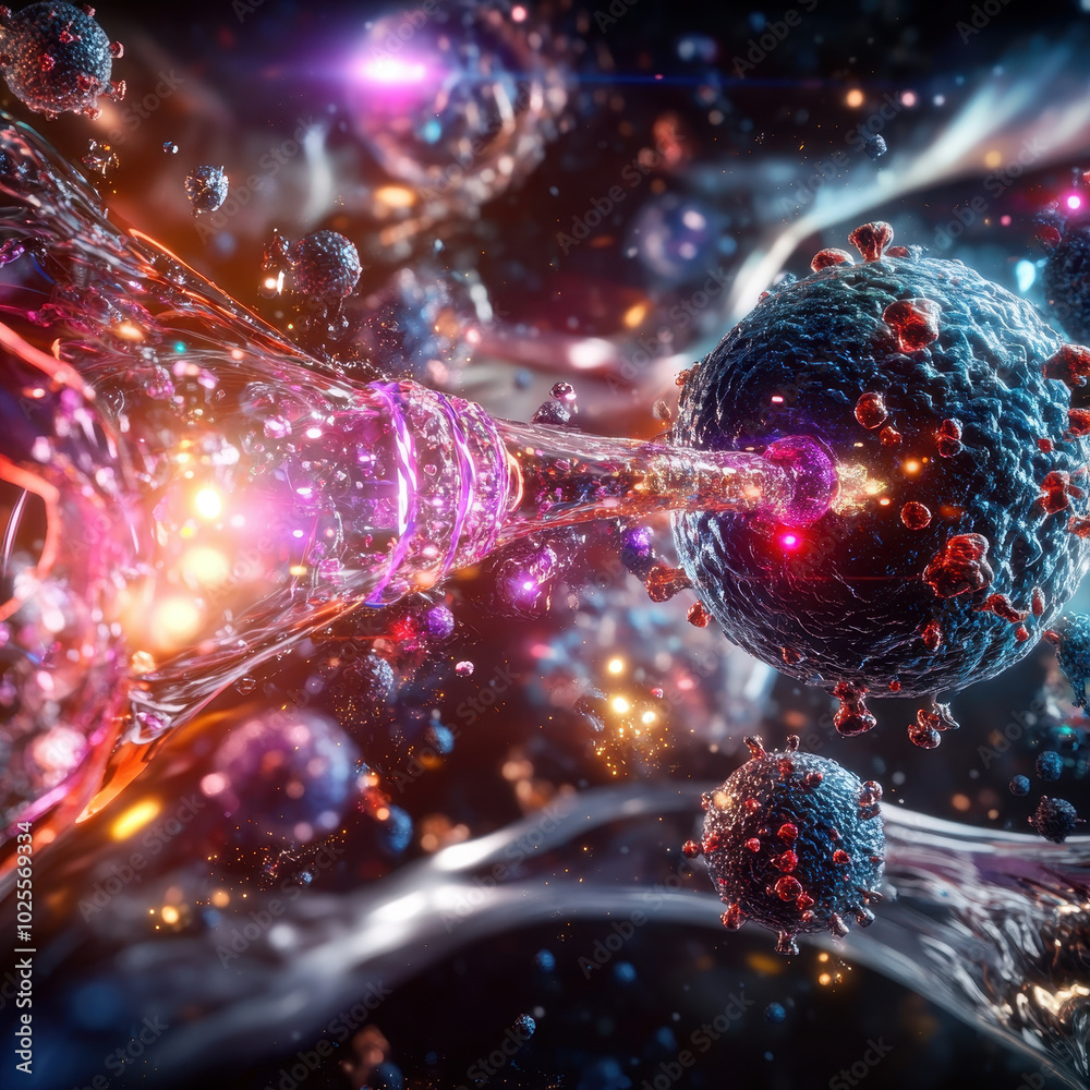 vibrant depiction of nanobots delivering therapeutic agents to cancer cells, showcasing intricate details of cellular interactions and advanced technology. image evokes sense of hope and innovation vibrant depiction of nanobots delivering therapeutic agents to cancer cells, showcasing intricate details of cellular interactions and advanced technology. image evokes sense of hope and innovation