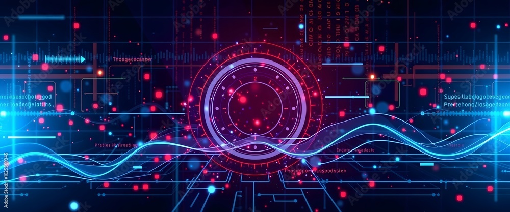 Futuristic digital interface with glowing neon elements in blue and red hues. Cyberpunk concept. Perfect for fans of science fiction and futuristic urban aesthetics. Futuristic digital interface with glowing neon elements in blue and red hues. Cyberpunk concept. Perfect for fans of science fiction and futuristic urban aesthetics.