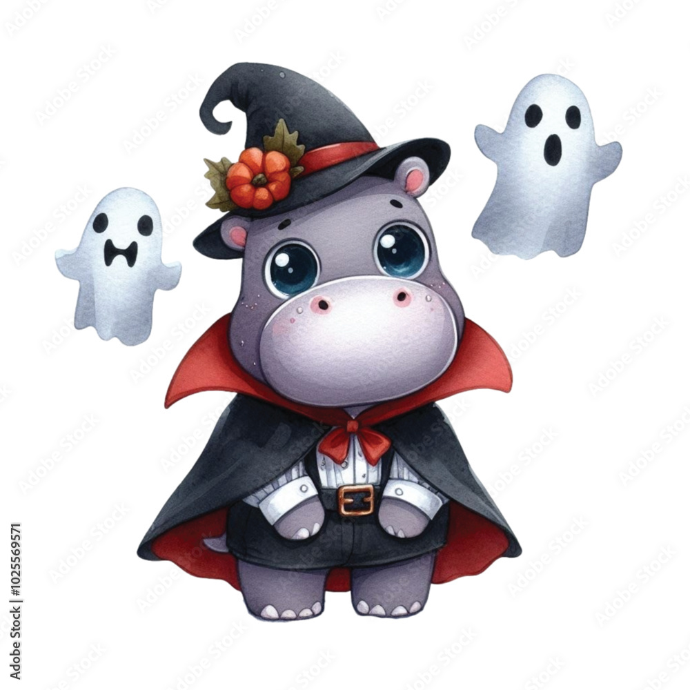 Obraz premium Cute hippo wearing a vampire costume and Halloween clipart watercolor