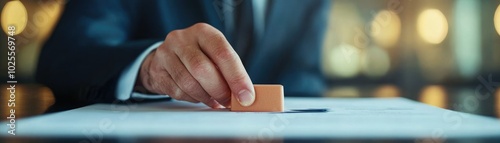 A close-up of a businessman's hand placing a stamp on official documents, symbolizing approval and commitment.