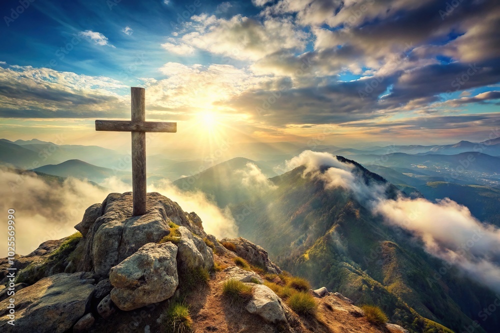 Double exposure of Christian cross on rocky hillside high angle view