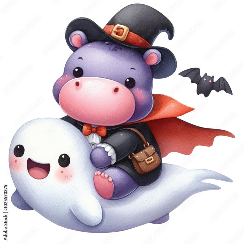 Fototapeta premium Cute hippo wearing a vampire costume and Halloween clipart watercolor