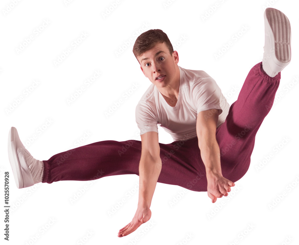 Digital png photo of caucasian teenager jumping on transparent background