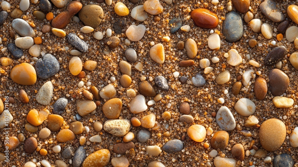 A close-up of tiny desert pebbles scattered across fine sand, highlighting the contrast in textures between the smooth stones and granular sand A close-up of tiny desert pebbles scattered across fine sand, highlighting the contrast in textures between the smooth stones and granular sand