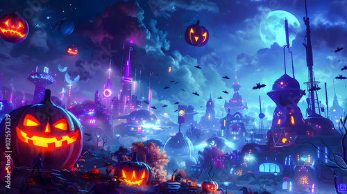 Spooky Halloween future city under a bright full moon. Glowing pumpkins, haunted houses, and bats fill the night with an eerie, magical vibe