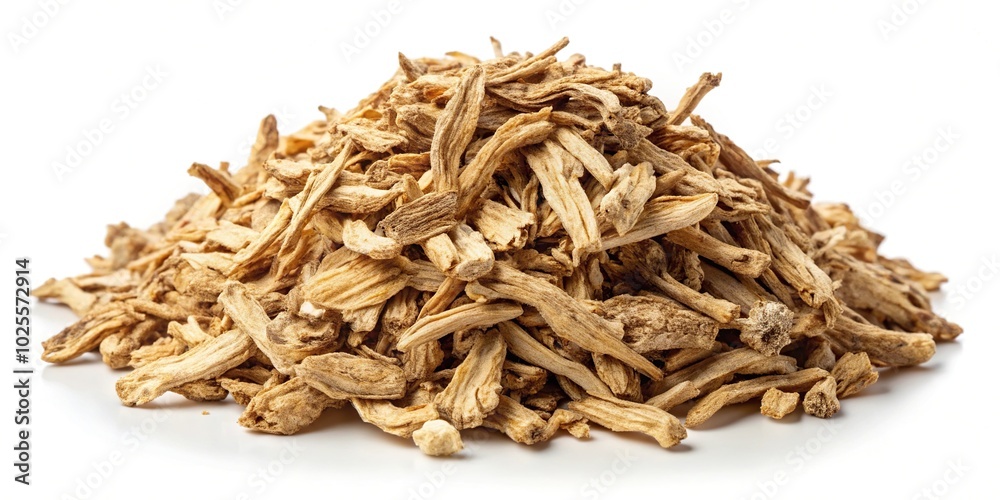 Dried angelica root pile on white background Dried angelica root pile on white background
