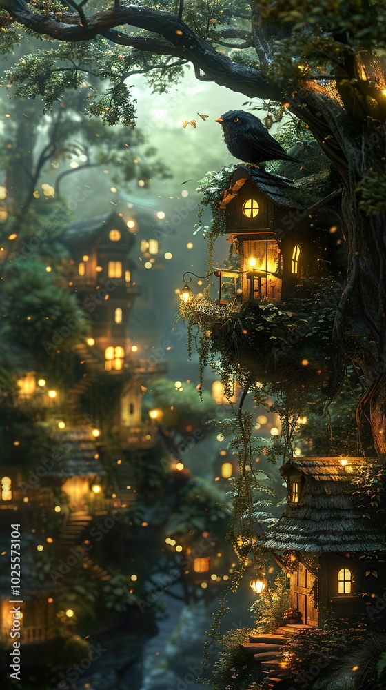Enchanted Forest Tree Houses with Glowing Lights Enchanted Forest Tree Houses with Glowing Lights
