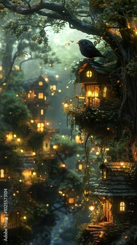 Enchanted Forest Tree Houses with Glowing Lights