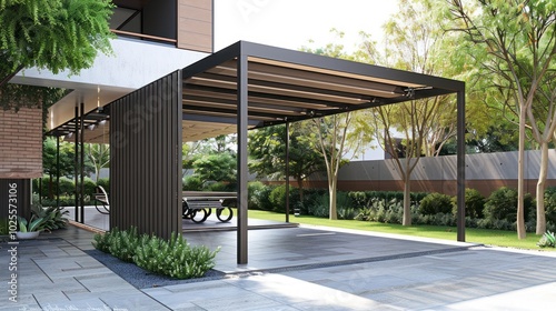 Modern Outdoor Patio with Black Metal Pergola and Stone Tiles