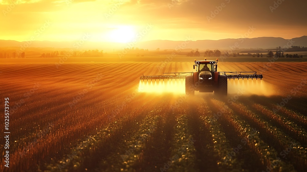 Fototapeta premium Sunrise Spraying Tractor Field Agriculture Farming