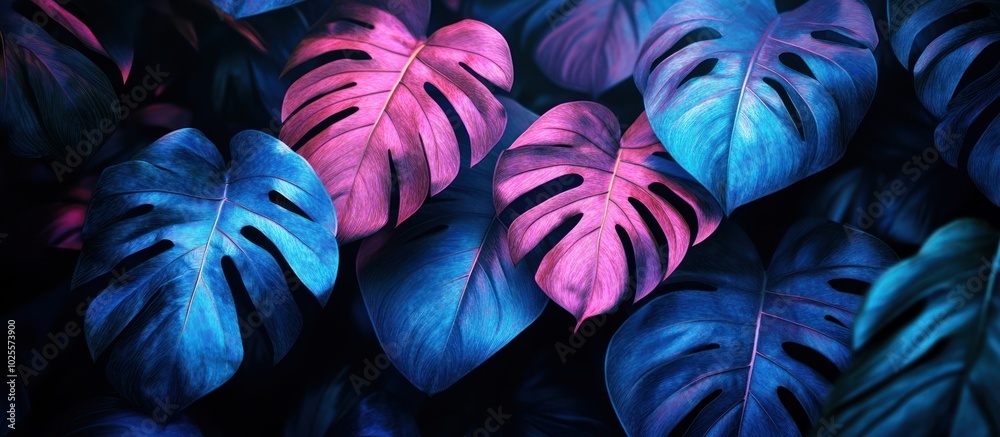 Blue and Pink Tropical Monstera Leaves. Blue and Pink Tropical Monstera Leaves.