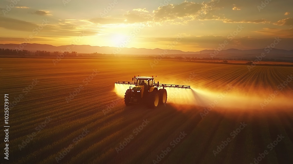 Fototapeta premium Sunrise Spraying Tractor Field Agriculture Farming