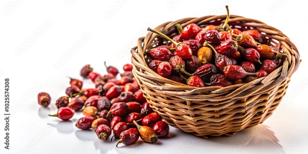 Dried rosehip in a basket of vines on a white background Dried rosehip in a basket of vines on a white background
