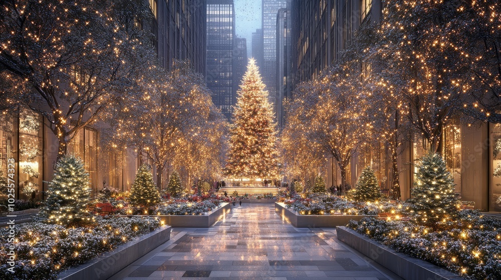 Fototapeta premium Urban Square with Towering Christmas Tree in Evening Glow
