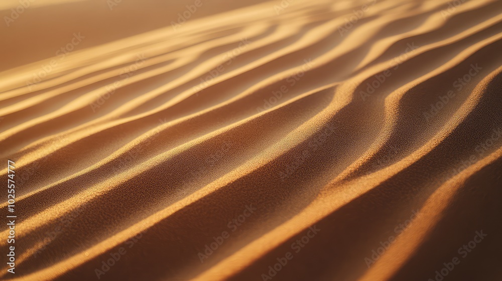 Close-up of a desert sand dune, with fine grains forming gentle, flowing ridges under the soft morning light Close-up of a desert sand dune, with fine grains forming gentle, flowing ridges under the soft morning light