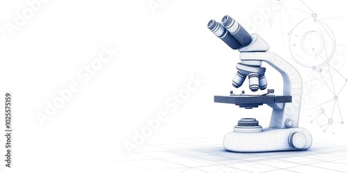 An advanced microscope, composed entirely from dots and lines on a white background with space for text.