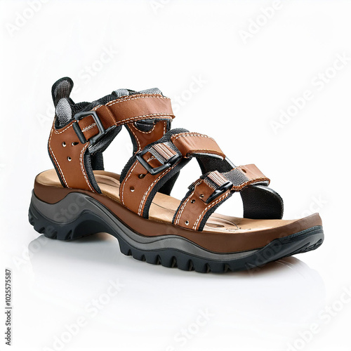 Explore the trails in style! These rugged brown leather hiking sandals offer comfort and durability for any adventure. Perfect for warm weather hikes. photo