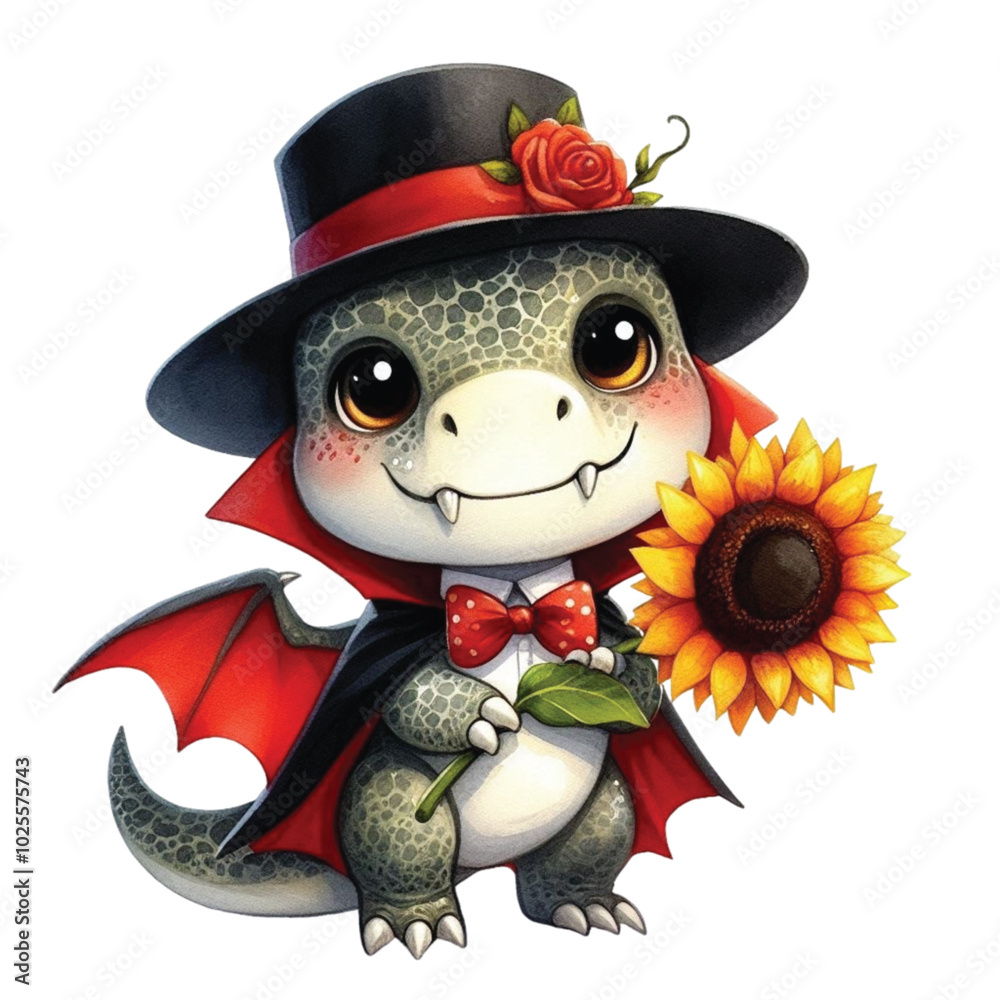 Naklejka premium Cute dinosaur standing holding beautiful flowers clipart watercolor 