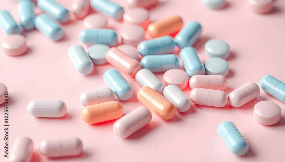 Close up of colorful pills on a pink background.