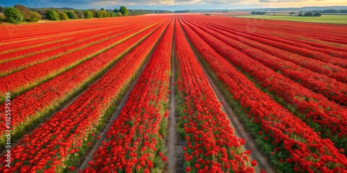 Drone video footage of a red field of poppy flowers