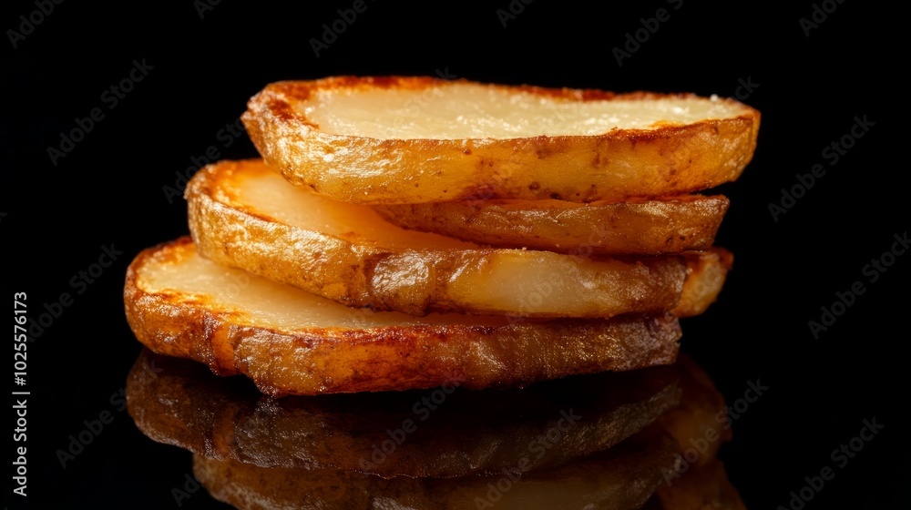 Close-up of a stack of four crispy roasted potato slices on a black background. Close-up of a stack of four crispy roasted potato slices on a black background.