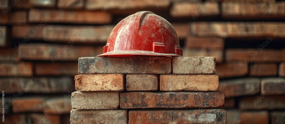 Red hard hat on a stack of bricks. Red hard hat on a stack of bricks.