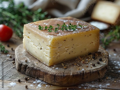 Close-up of a Block of Cheese on a Rustic Wooden Board