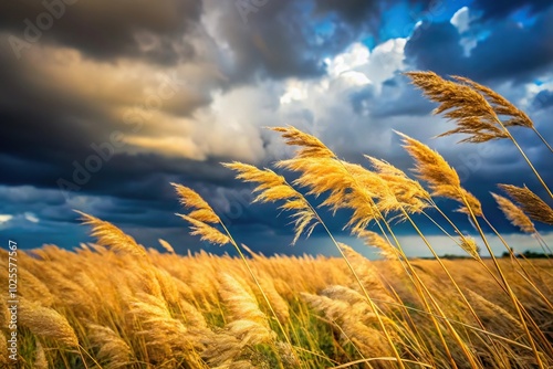 Dry yellow sedge swaying with rain clouds in the background photo