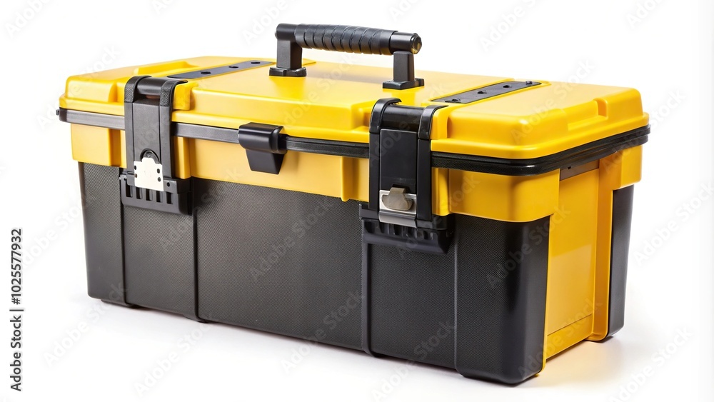 Durable yellow and black toolbox isolated on white background for tool storage enthusiasts with forced perspective Durable yellow and black toolbox isolated on white background for tool storage enthusiasts with forced perspective