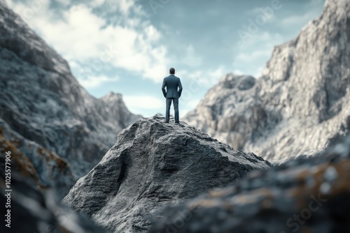 A man stands confidently on a rocky cliff surrounded by towering mountains, showcasing strength and determination against a dramatic landscape.