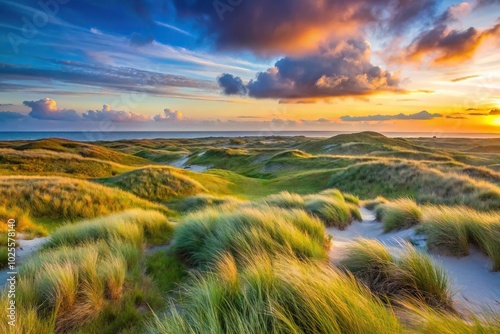 Dutch landscape at twilight with grassy dunes panoramic