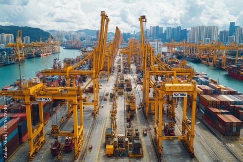 Aerial view of a bustling shipping port with numerous cranes and containers, set against a city skyline under a cloudy sky.