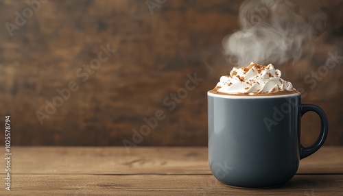 A steaming cup of hot chocolate topped with fluffy whipped cream and sprinkled with chocolate shavings, set against a rustic wood background. photo