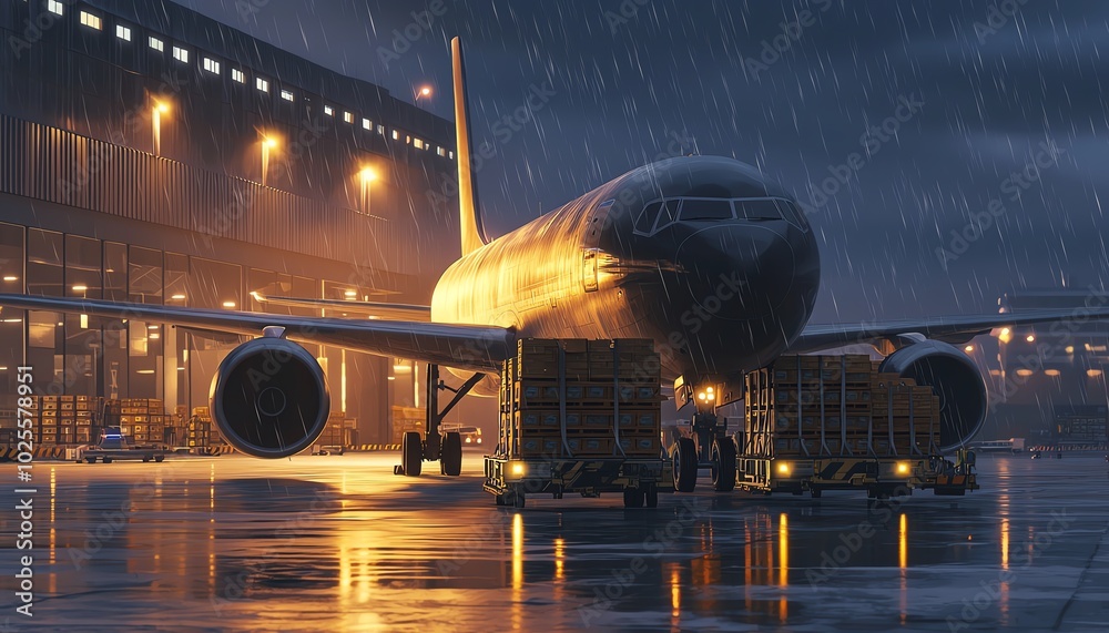 Airplane at a rainy airport, cargo loading, illuminated hangar lights reflecting on wet runway. Airplane at a rainy airport, cargo loading, illuminated hangar lights reflecting on wet runway.